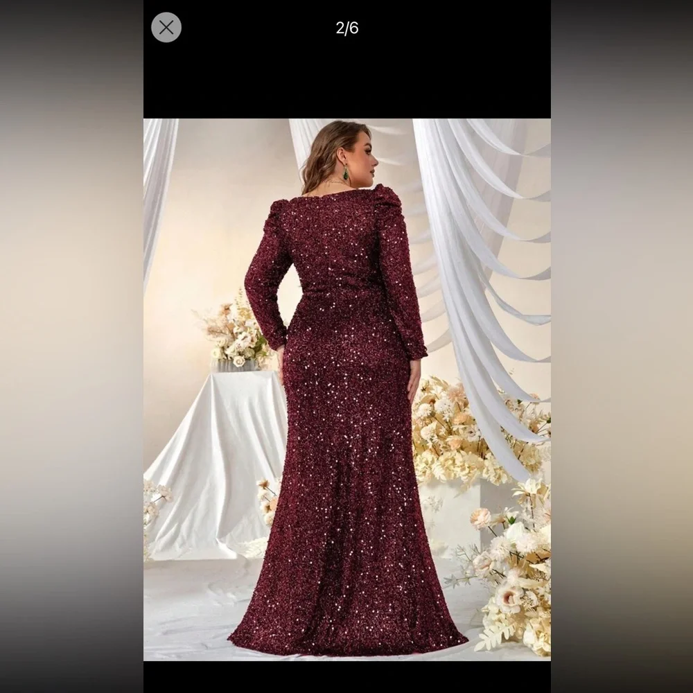 Giffniseti Plus Square Neck Puff Sleeve Sequin formal dress color Maroon - Picture 3 of 4